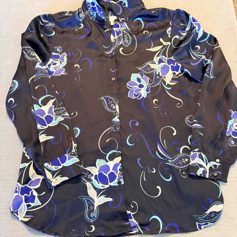 Chico's Womens Size 2 L Black Blue Floral Paisley Button Down Blouse Shirt